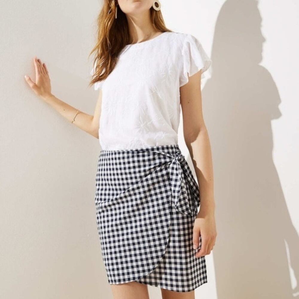LOFT Navy & White Gingham Faux Wrap‎ Tie Cotton Mini Skirt Size 4
